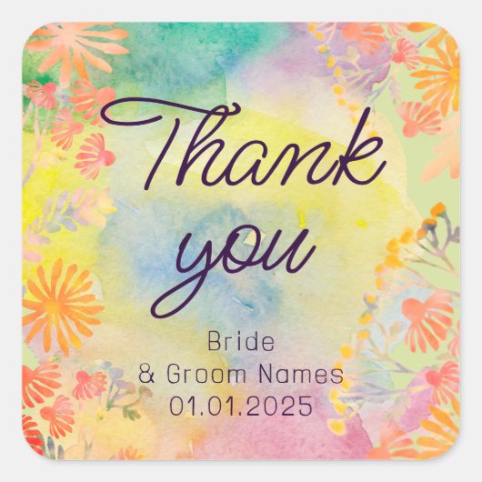 Psychedelische Waterverf Wildflower Vierkante Sticker (Voorkant)