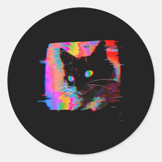 Psychedelische Weirdcore Cat Vaporwave Esthetische Ronde Sticker (Voorkant)