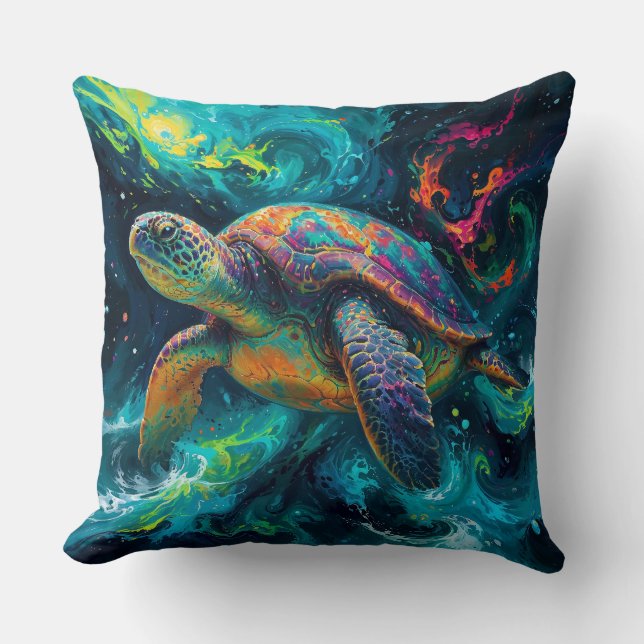 Psychedelische Zee Schildpad in de Abstracte Oceaa Kussen (Voorkant)