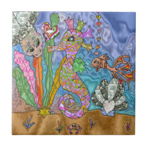 Psychedelische Zeepaard Zeeschildpad Kunst Tegeltje