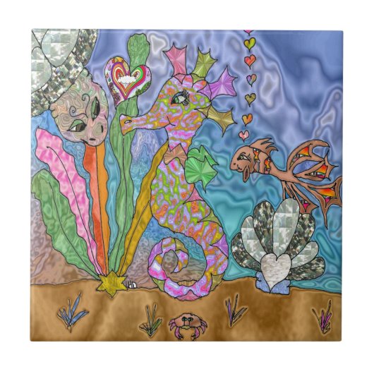 Psychedelische Zeepaard Zeeschildpad Kunst Tegeltje (Voorkant)