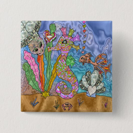 Psychedelische Zeepaard Zeeschildpad Kunst Vierkante Button 5,1 Cm (Voorkant)