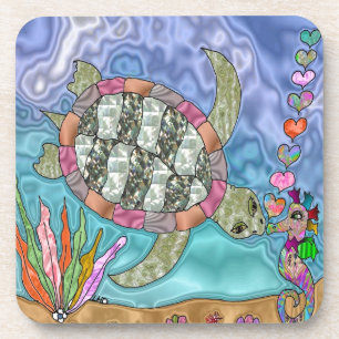 Psychedelische zeeschildpad zeepaard kunst drankjes onderzetter
