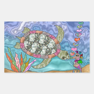 Psychedelische zeeschildpad zeepaard kunst rechthoekige sticker