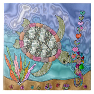 Psychedelische zeeschildpad zeepaard kunst tegeltje