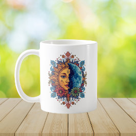 Psychedelische Zon en Maan Boho Bloem Kunst  Koffiemok