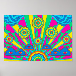 Psychedelische zon, wolken en bloemen poster