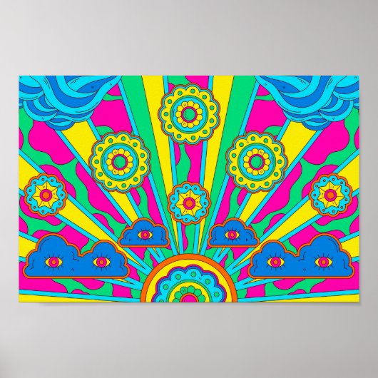 Psychedelische zon, wolken en bloemen poster (Voorkant)