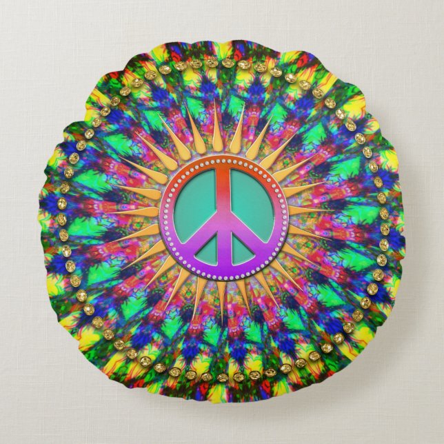 Psychedelische Zonneschijn Groovy Vrede Energie De Rond Kussen (Voorkant)