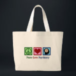Psychiatriet Vredesliefdesdenken Grote Tote Bag<br><div class="desc">Peace Love Psychiatry. Een schattig psychiatrisch kerstcadeau met een vredesteken, hart en menselijk brein. Een cadeau voor een psychiatrische verpleegkundige die werkt met psychiatrische patiënten in een afdeling van een psychiatrisch ziekenhuis.</div>