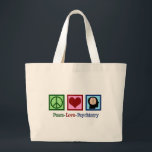 Psychiatriet Vredesliefdesdenken Grote Tote Bag<br><div class="desc">Peace Love Psychiatry. Een schattig psychiatrisch kerstcadeau met een vredesteken,  hart en menselijk brein. Een  cadeau voor een psychiatrische verpleegkundige die werkt met psychiatrische patiënten in een afdeling van een psychiatrisch ziekenhuis.</div>