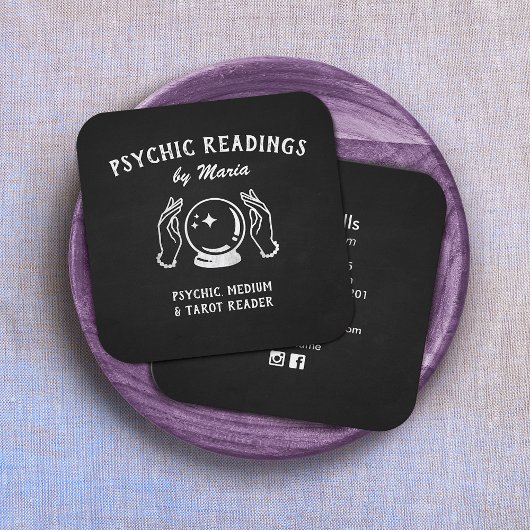 Psychic Medium Crystal Ball and Hands Black Vierkante Visitekaartje