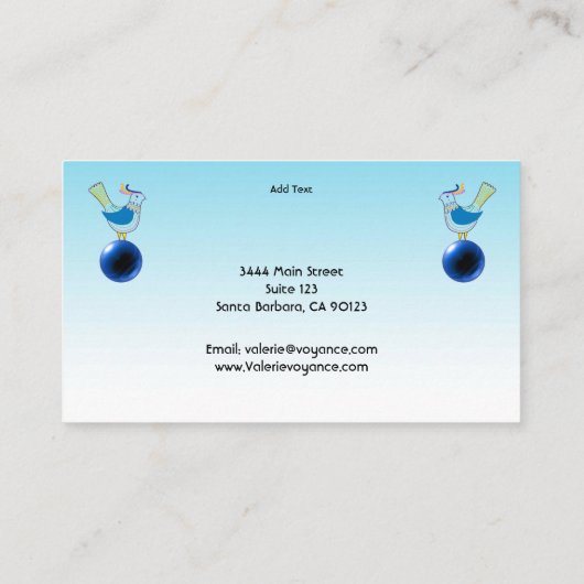 Psychisch medium, blauw kristalblok en staafvogels visitekaartje (Achterkant)