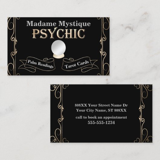 Psychische Crystal Ball Goud en Zwart Visitekaartje (Voorkant / Achterkant)