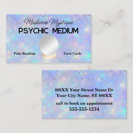 Psychische Crystal Ball op Opal Stone en Glitter Visitekaartje (Voorkant / Achterkant)
