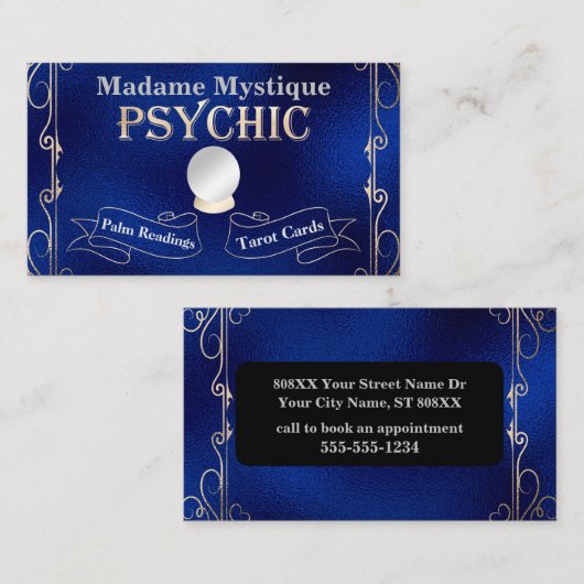 Psychische kristallen bal goud en blauw visitekaartje (Voorkant / Achterkant)