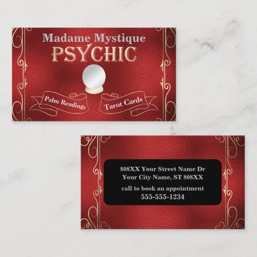 Psychische kristallen bal goud en rood visitekaartje (Voorkant / Achterkant)