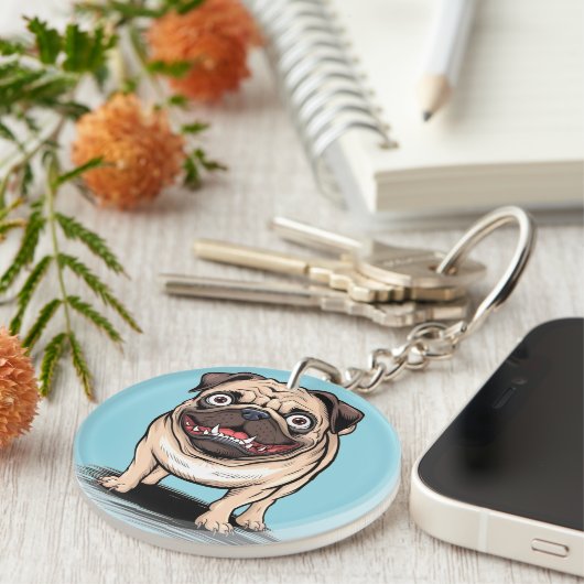 Psycho Crazy Pug Bulldog Circle Sleutelhanger Desi (Voorkant Rechts)