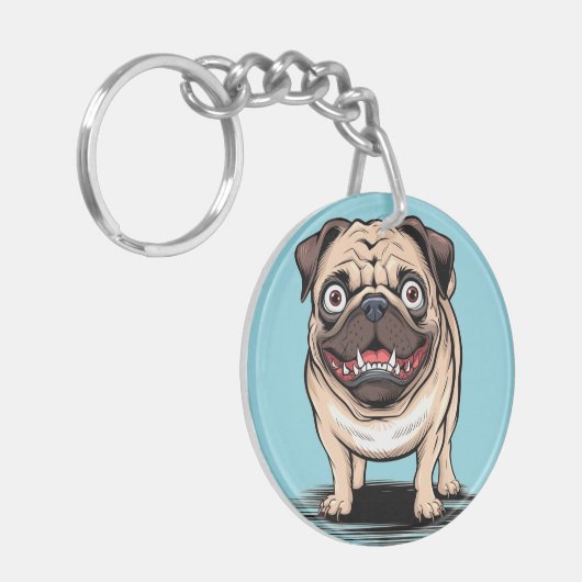 Psycho Crazy Pug Bulldog Circle Sleutelhanger Desi (Voorkant Links)