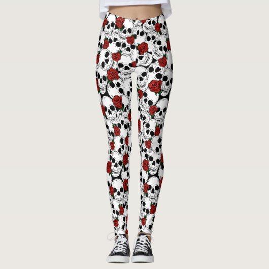Psychobilly schedels en rode rozen leggings (Voorkant)
