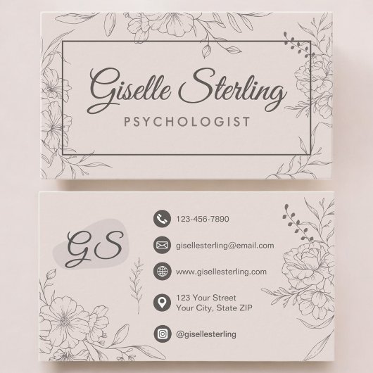 Psychologist Floral Botanical Elegant Script Visitekaartje