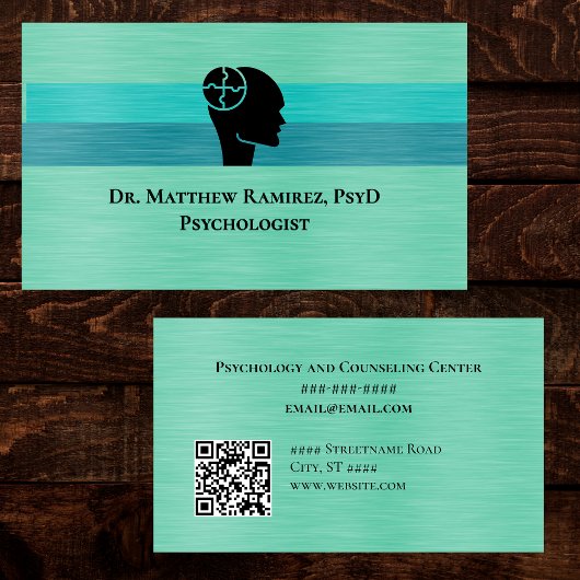 Psychologist Psychiatrist Teal Faux Metal QR Code Visitekaartje