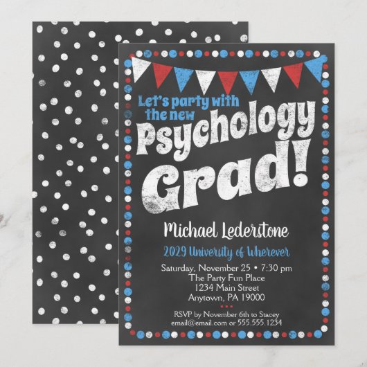 Psychology Graduation Party Invitation Red Blue Kaart (Voorkant / Achterkant)