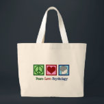 Psycholoog bij vredesliefdespsychologie grote tote bag<br><div class="desc">Peace Love Psychology. Een schattig kerstcadeau van de psycholoog met een vredesteken, hart en menselijk brein. Een cadeau voor een therapeut die goed is in het helpen van mensen door middel van therapie.</div>