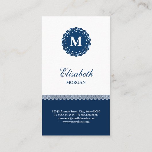 Psycholoog Elegant Blue Lace Monogram Visitekaartje (Achterkant)