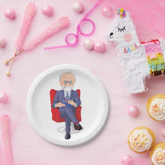 Psycholoog in pak met Notitieblok zitten Papieren Bordje (Feest)