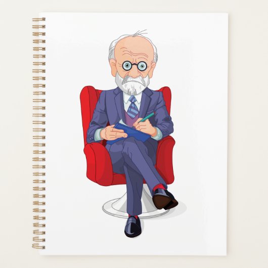 Psycholoog in pak met Notitieblok zitten Planner (Voorkant)