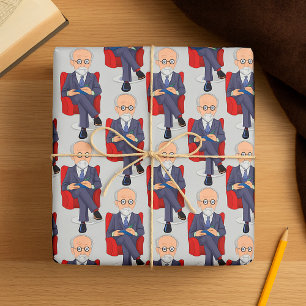 Psycholoog in pak met notitieblok zittend cadeaupapier