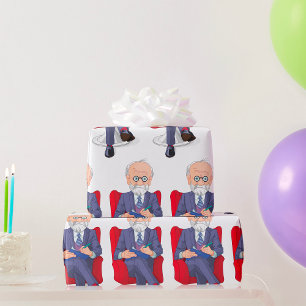 Psycholoog in pak met notitieblok zittend cadeaupapier