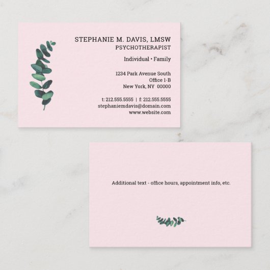 Psychotherapeut Eucalyptus Roze Euro Visitekaartje (Voorkant / Achterkant)