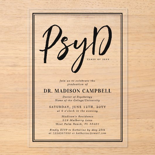 PsyD Doctor of Psychology Afstudeerfeest Acryl Uitnodigingen (Voorkant)