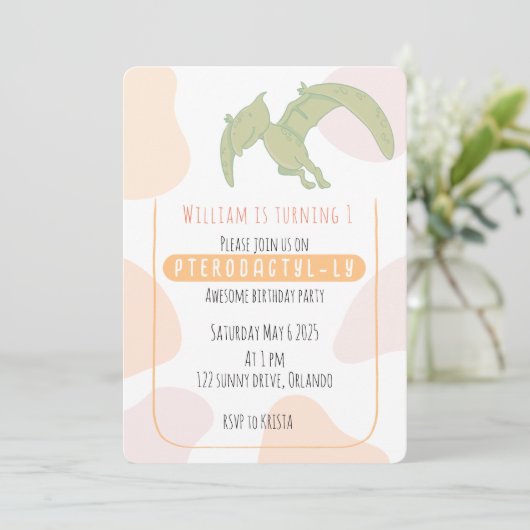 Pterodactyl Kinder uitnodiging voor eerste verjaar (Staand voorkant)