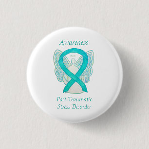PTSD Awareness Ribbon Blauwgroen Angel Custom Art  Ronde Button 3,2 Cm