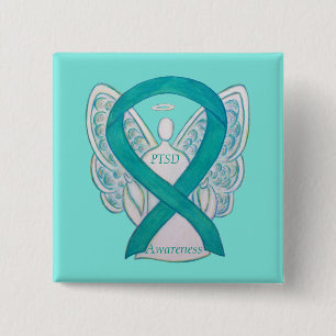 PTSD Awareness Ribbon Blauwgroen Angel Custom Art  Vierkante Button 5,1 Cm