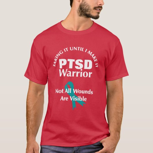 PTSD Warrior Blauwgroen Awareness Ribbon T-shirt (Voorkant)