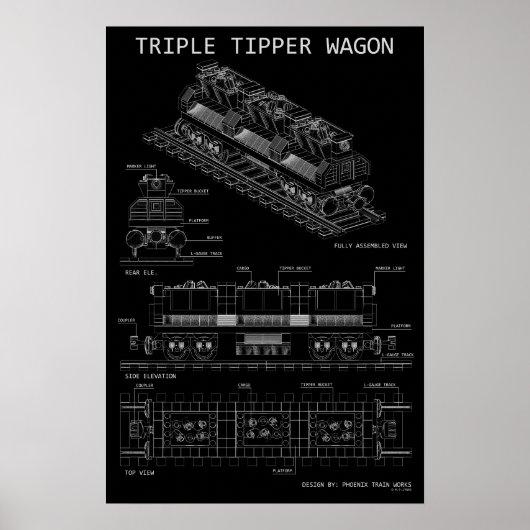 PTW Triple Tipper Wagon "Blauwdruk" Maten Optionee Poster (Voorkant)