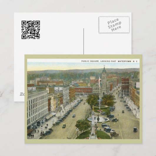 Public Square, Watertown NY 1928 Briefkaart (Voorkant / Achterkant)