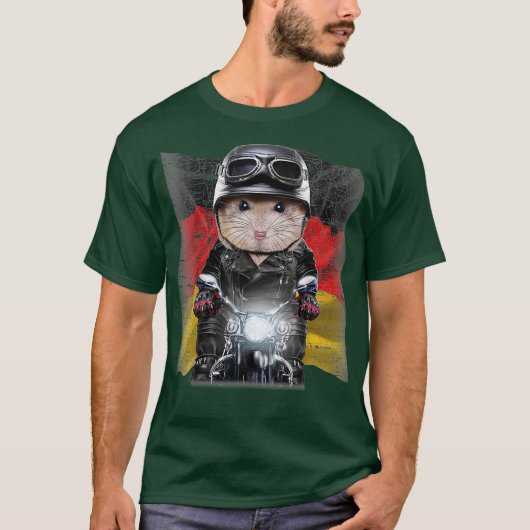 Pudding Dwerg Hamster op Motorfiets Vlag van T-shirt (Voorkant)