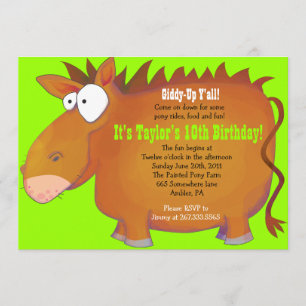 PUDGY PONY Horseback Birthday Party Invitation Kaart