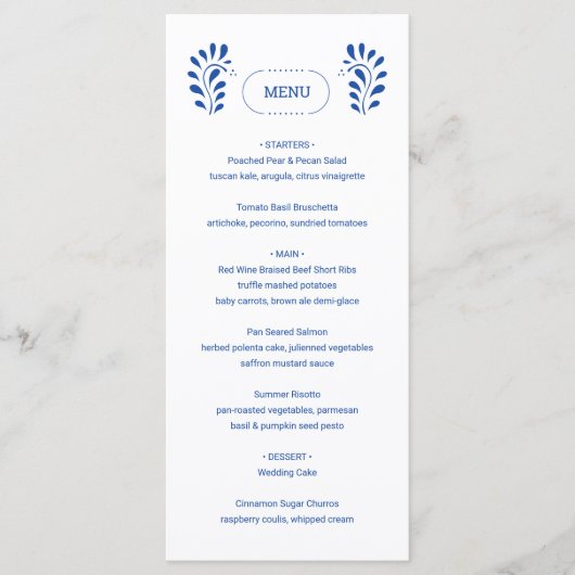 Puebla Style Blauw Mexicaanse bruiloft Menu (Voorkant)