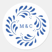 Puebla Style Blauw Mexicaanse bruiloft Monogram St Ronde Sticker (Voorkant)