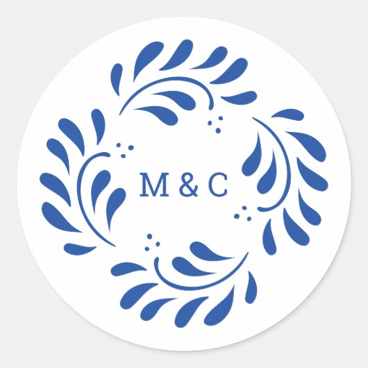 Puebla Style Blauw Mexicaanse bruiloft Monogram St Ronde Sticker (Voorkant)