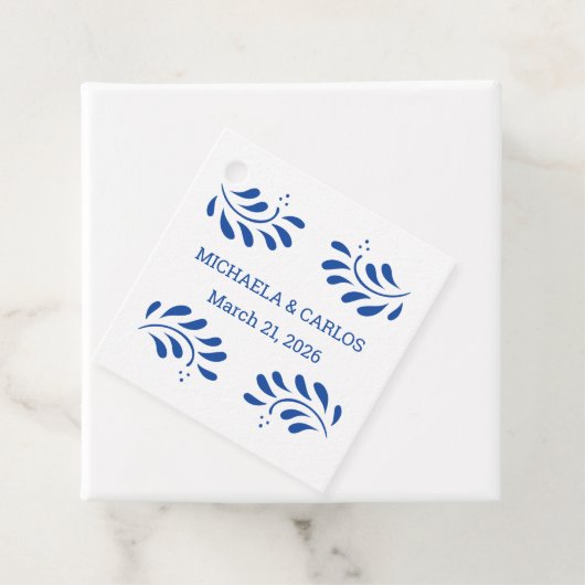 Puebla Style Blue Mexican Wedding Favoriet Label (In situ)