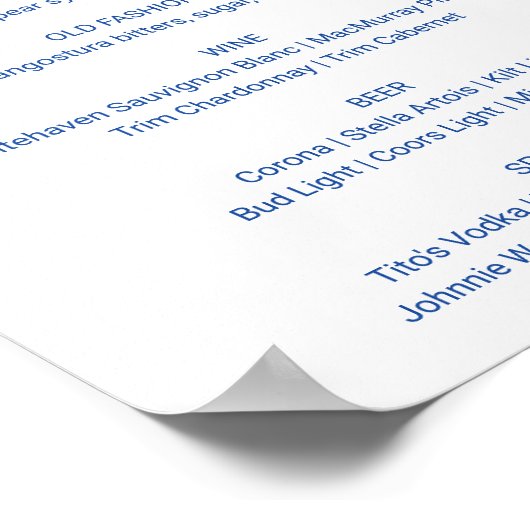 Puebla Style Blue Wedding Bar Menu Sign Poster (Hoek)