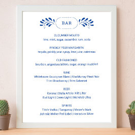 Puebla Style Blue Wedding Bar Menu Sign Poster