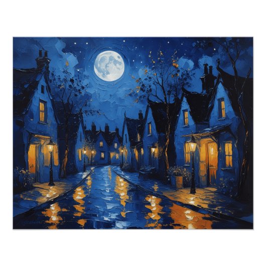 Pueblo de noche con luces perfect poster (Voorkant)